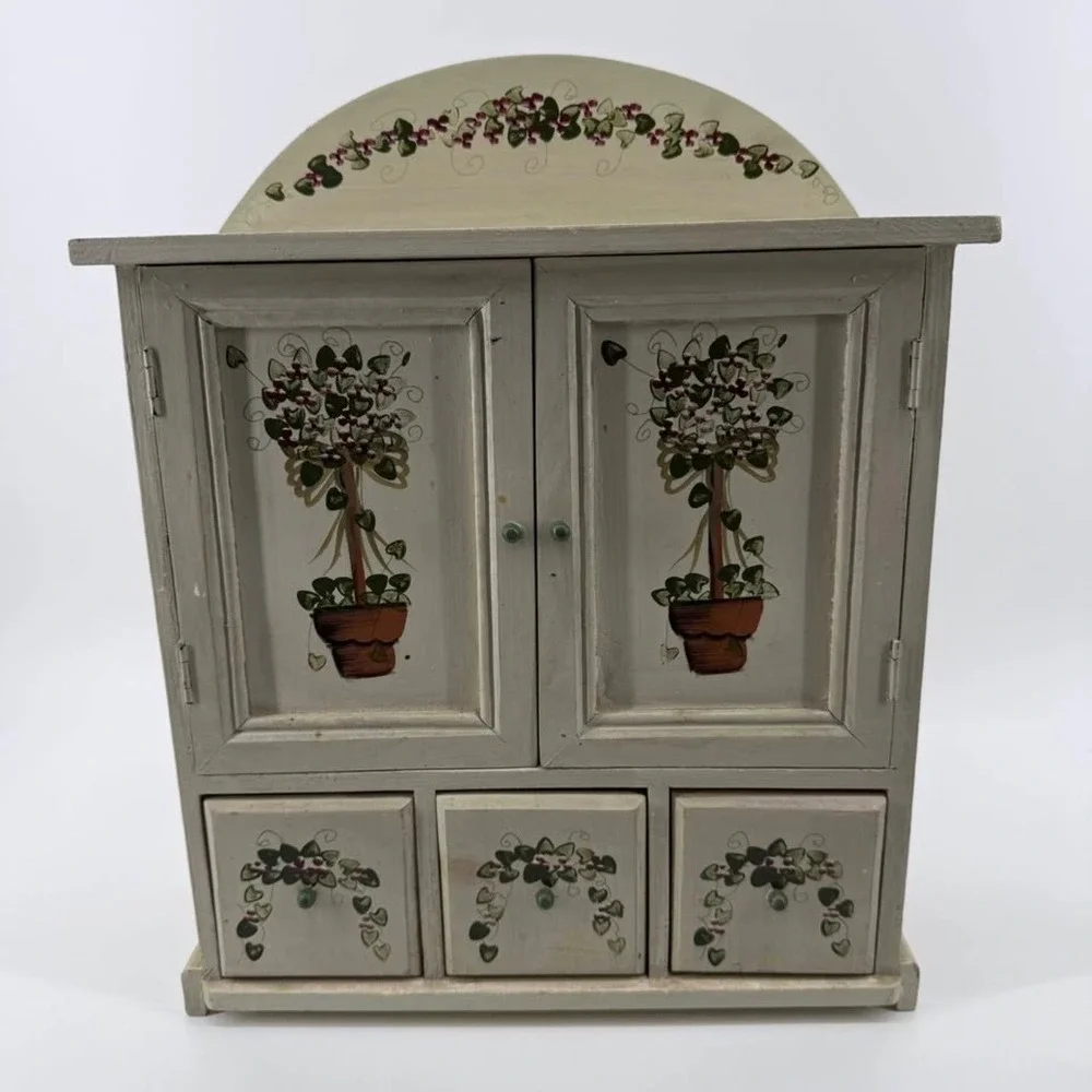 Jewelry Cabinet Hand Painted Wood Sage Green Floral Folk Art